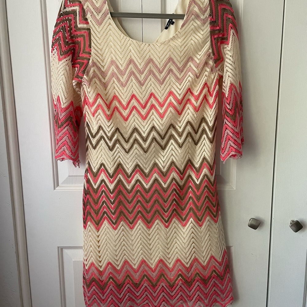 Flirty Chevron Long Sleeve Dress in Pink and Cream